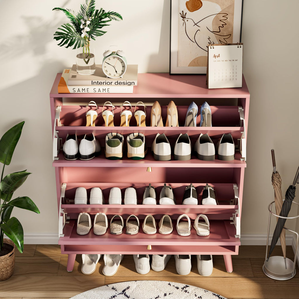 Shoe Storage Cabinet with 2 Fluted Flip Drawers, Pink
