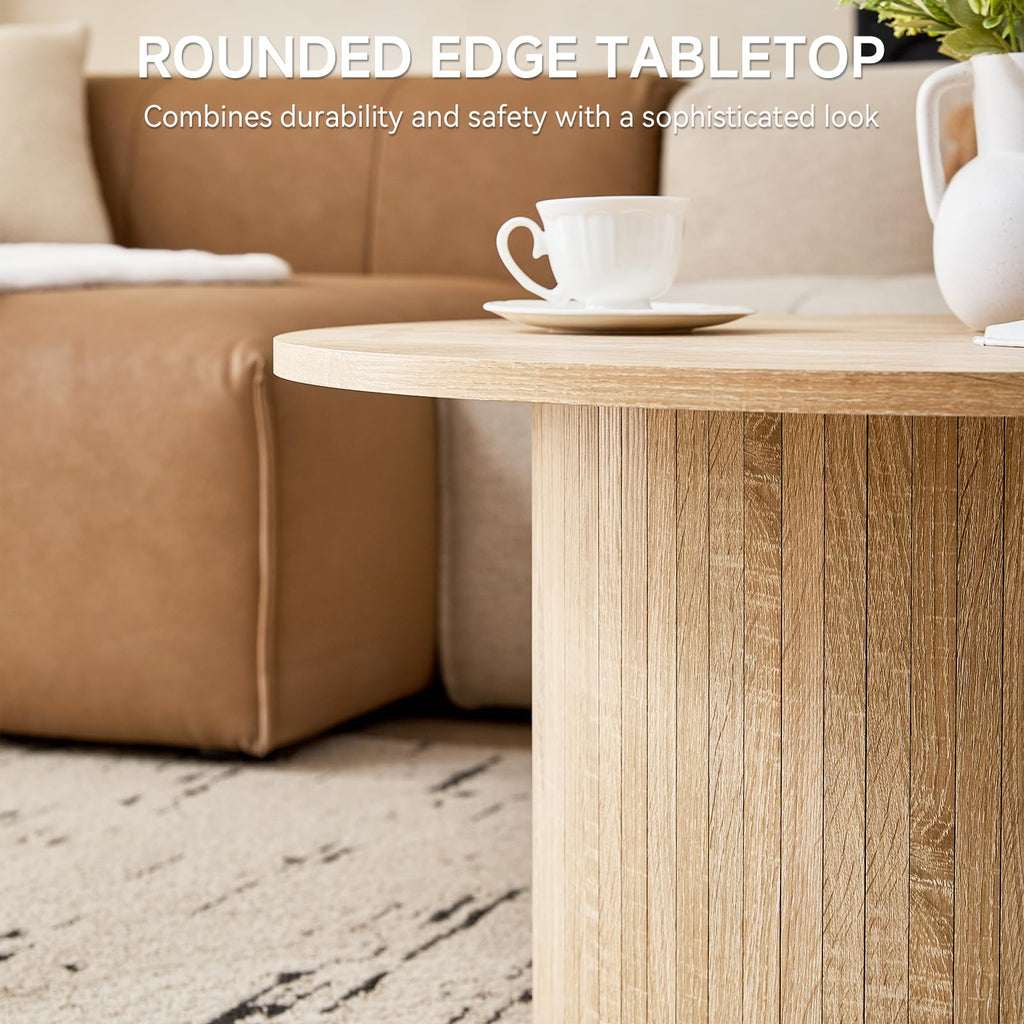 31.5" Round Coffee Table with Fluted Pedestal Base, Natural