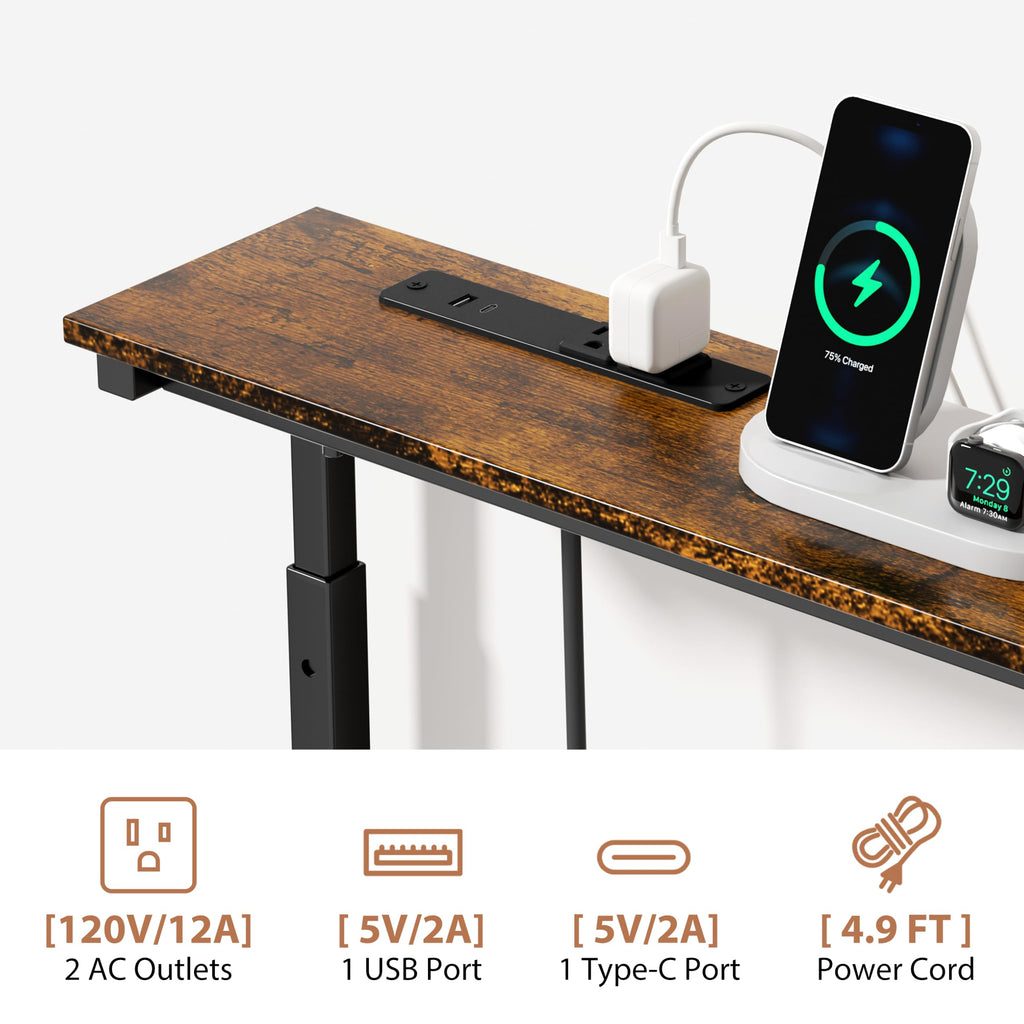 45" Adjustable Height Narrow Console Table with Power Outlets, Long Sofa Table with Charging Station Behind Couch