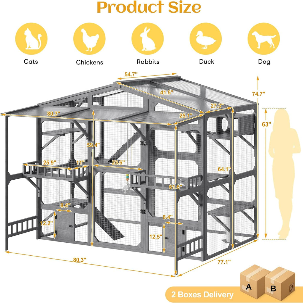 Large Outdoor Catio for 6-10 Cats with 6 Platforms, Climbing Ramp, Resting Box and Scratching Post, Weatherproof
