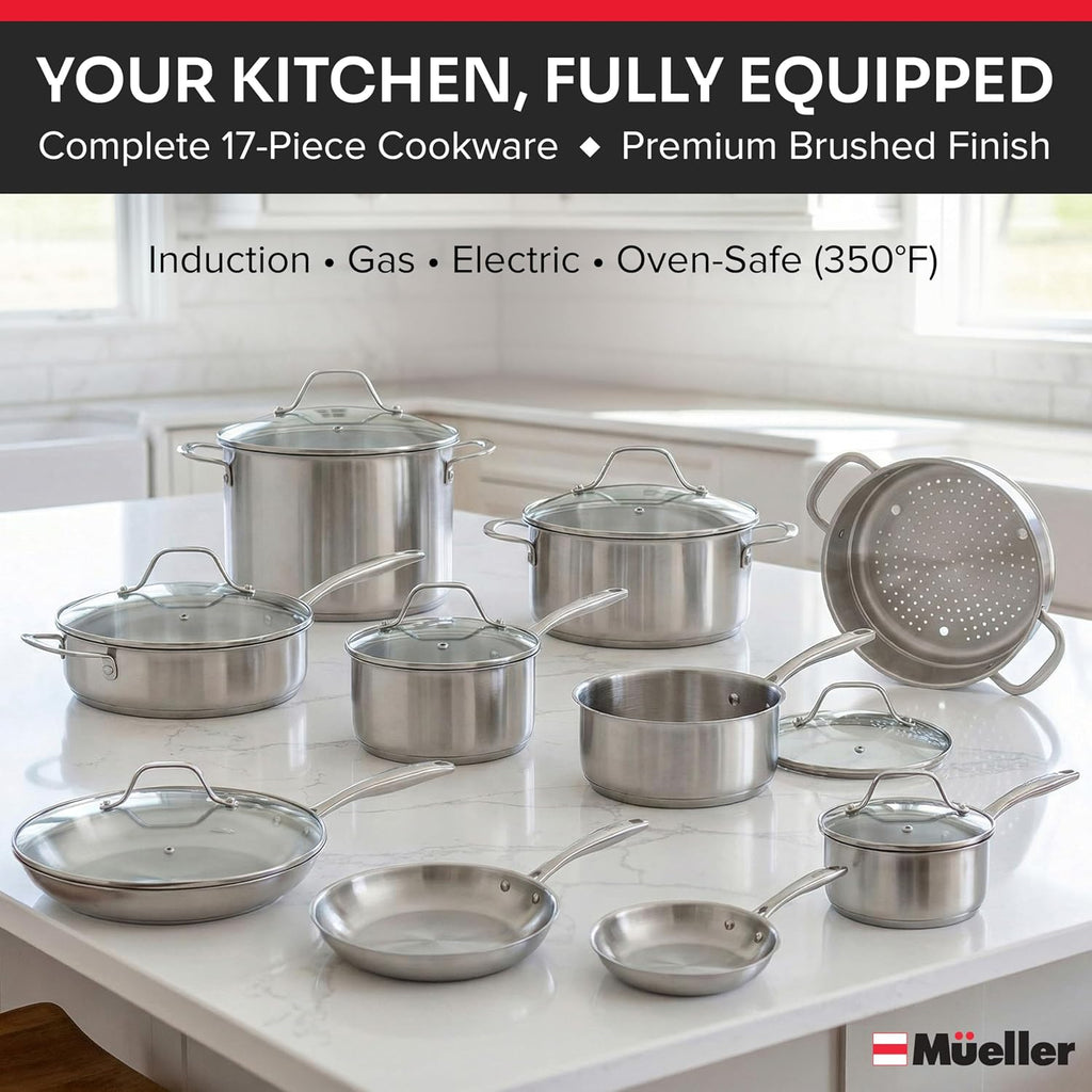 17-Piece Stainless Steel Pots and Pans Set, Tri-Ply Ultra-Clad Pro | Cookware Set, Induction Ready, Oven Safe