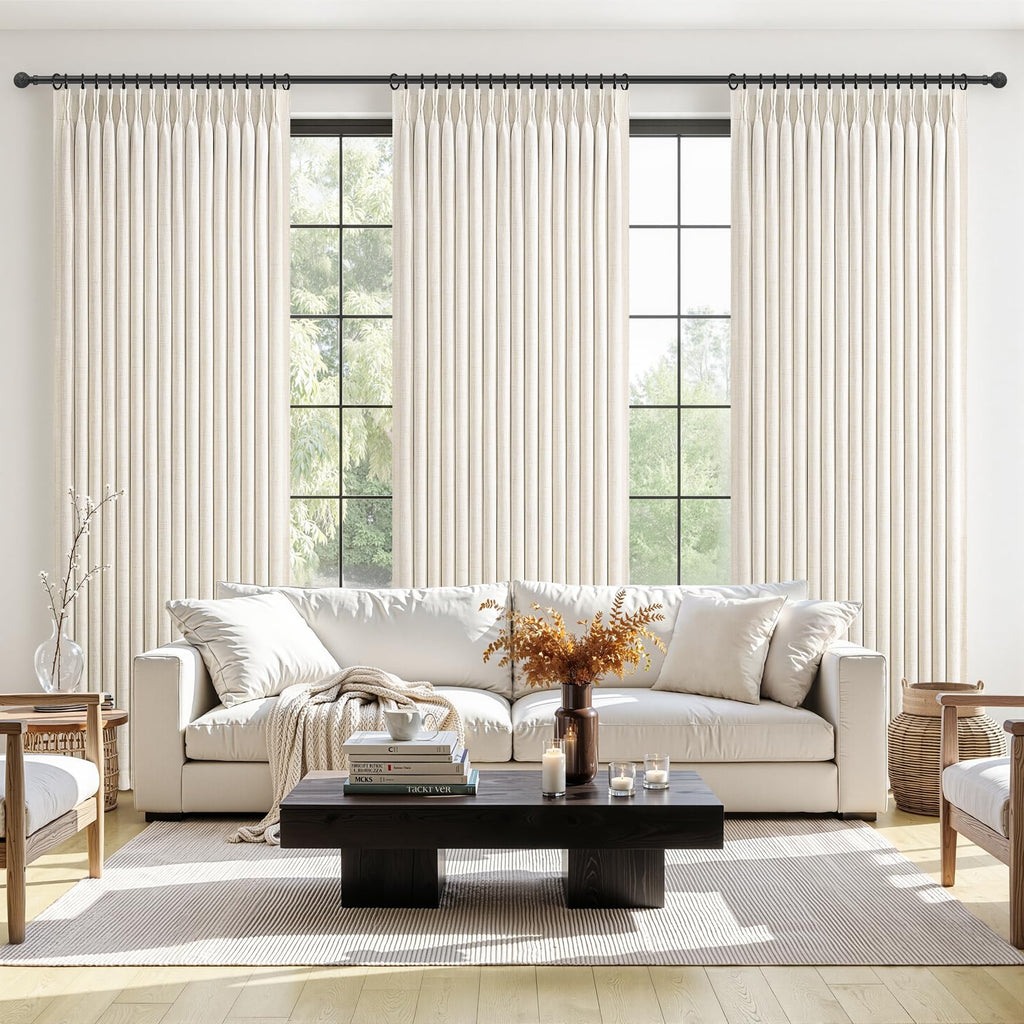 Pinch Pleated Linen Curtains Blackout 96 Inches Long 2 Panels Set for Living/Bedroom Darkening Viral Thermal Memory