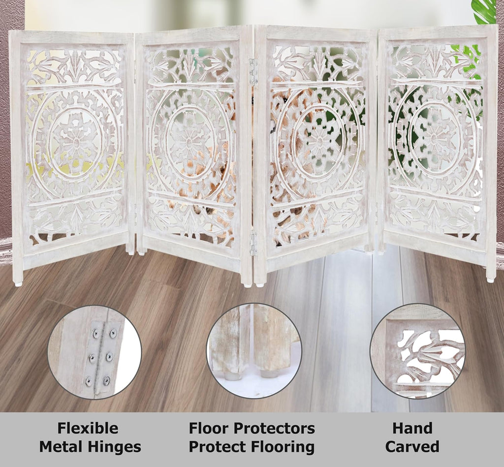 Wooden Foldable Pet Dog Gate - Hand Carved 4-Panel 80 W x 24 H