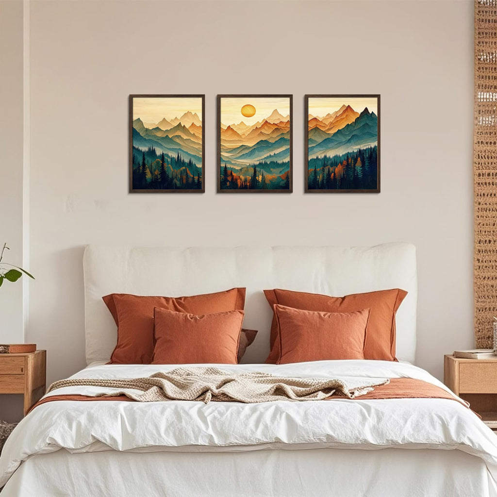Mountain Wall Art Set of 3, Landscape Wall Decor, Teal Orange Forest Canvas Prints, Wood Framed Sunlit Peaks Picture