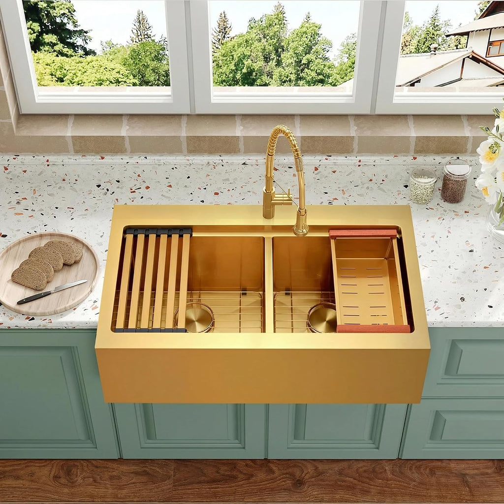 Gold Double Bowls Kitchen Sink, 33" x 22" Drop Sink, 50/50 Double Bowls Farm Sink, 16 Gauge Stainless Steel