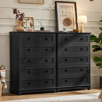 Farmhouse 5 Drawer Dresser Set of 2, 42" Tall Small Dressers & Chest of Drawers, Rustic Wood Dresser with Metal
