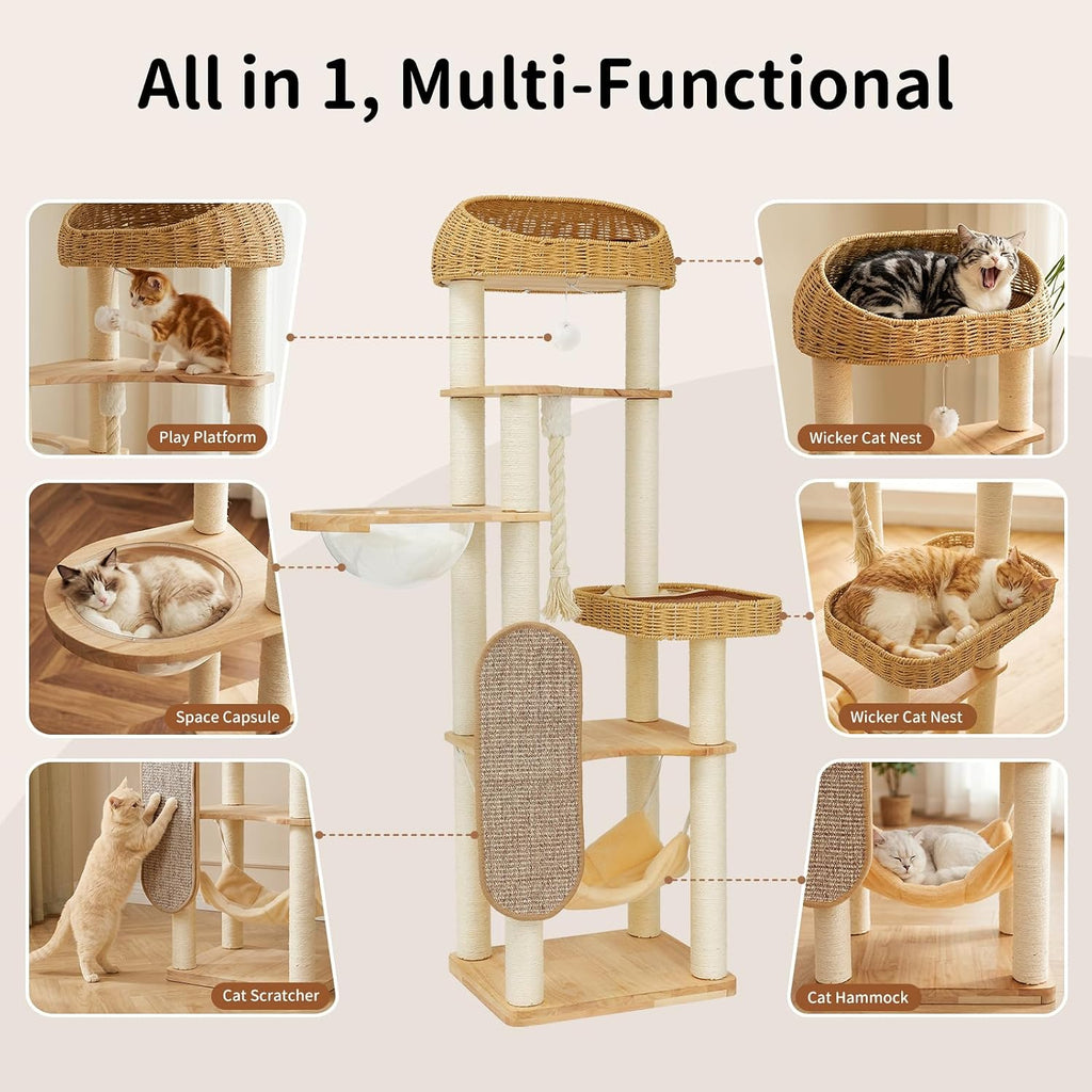 Solid Rubberwood Cat Tree Tower with Scratching Post, Hammock Ect, 65 Inch Hight