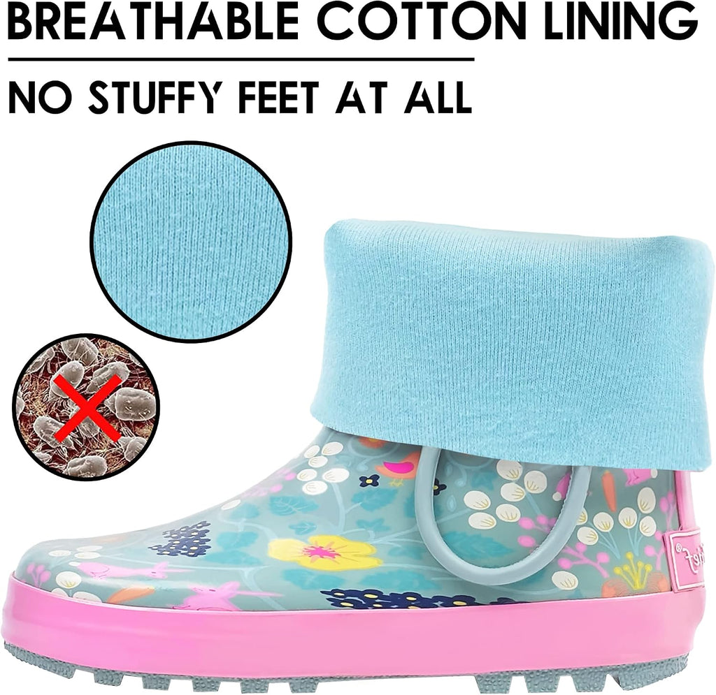Toddler Rain Boots, Kids Rain Boots Waterproof Rubber Boots for Girls and Boys with Fun Patterns and Easy-On Handles