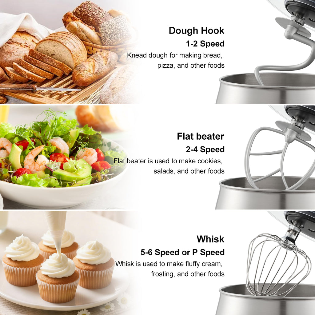 6-Speed 5.3QT+3.2QT Two-Bowl Stand Mixer, CHARCOAL BLACK