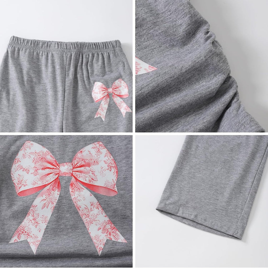 Teen Girl Clothes Bow Graphic Short Sleeve T-Shirt Top+Wide Leg Pants 2 Piece Outfit Set