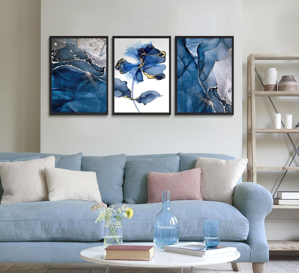 Abstract Marble Wall Art Blue And Gold Wall Decor Modern Canvas Paintings Abstract Flower Poster Picture Bedroom