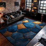 Marble Tiles Rug, Stone Tile Area Rug, Blue and Gold Geometry Marble Rugs