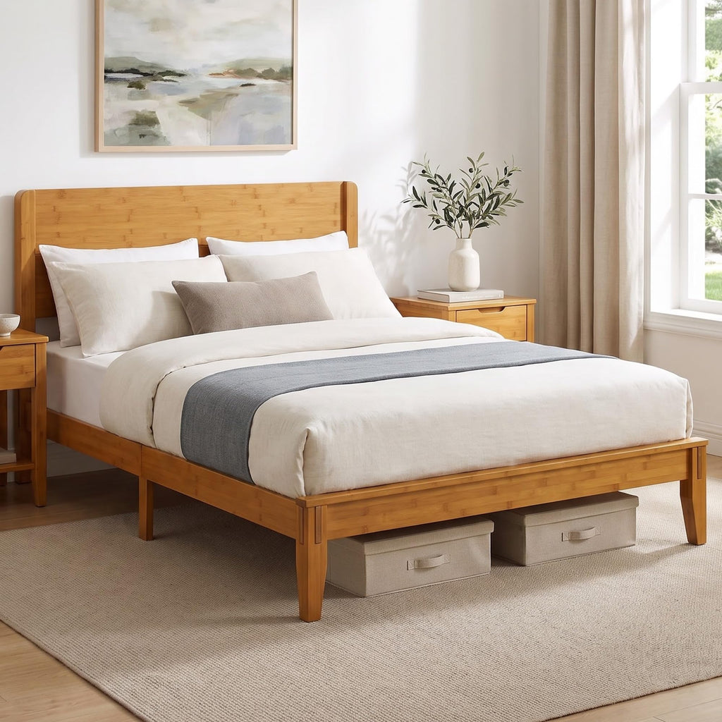 Solid Bamboo Queen Bed Frame with Headboard, Japanese Joinery