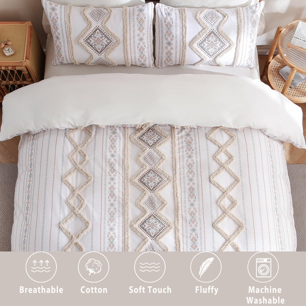 Beige 100% Cotton Boho Duvet Cover Set Queen Size, 3-Piece Tufted Textured Modern Boho Moroccan Bedding, Aztec