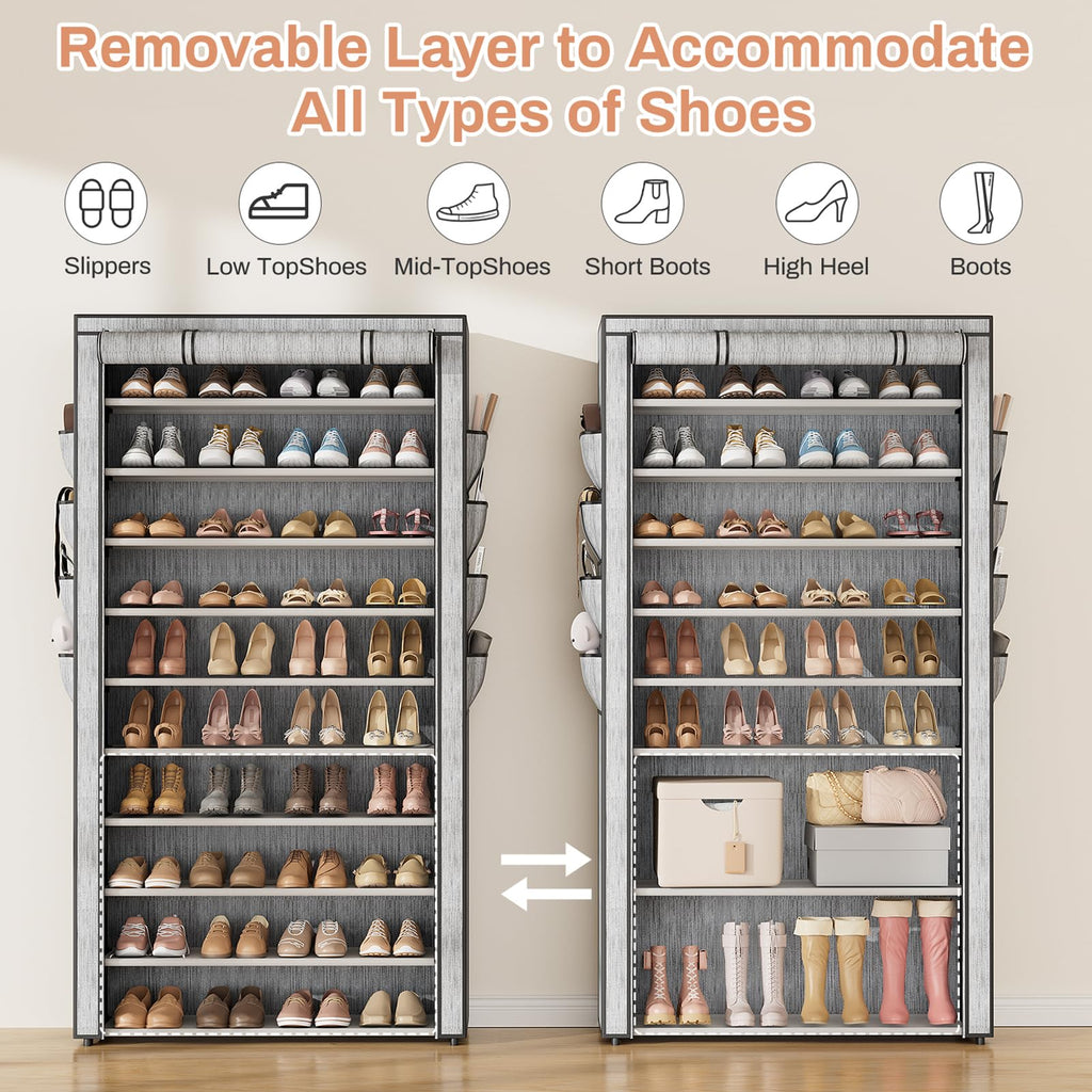 Tall Shoe Rack with Cover, 10 Tier Shoe Organizer Storage for 50-55 Pairs Shoes and Boots Large Capacity Shoe Shelf