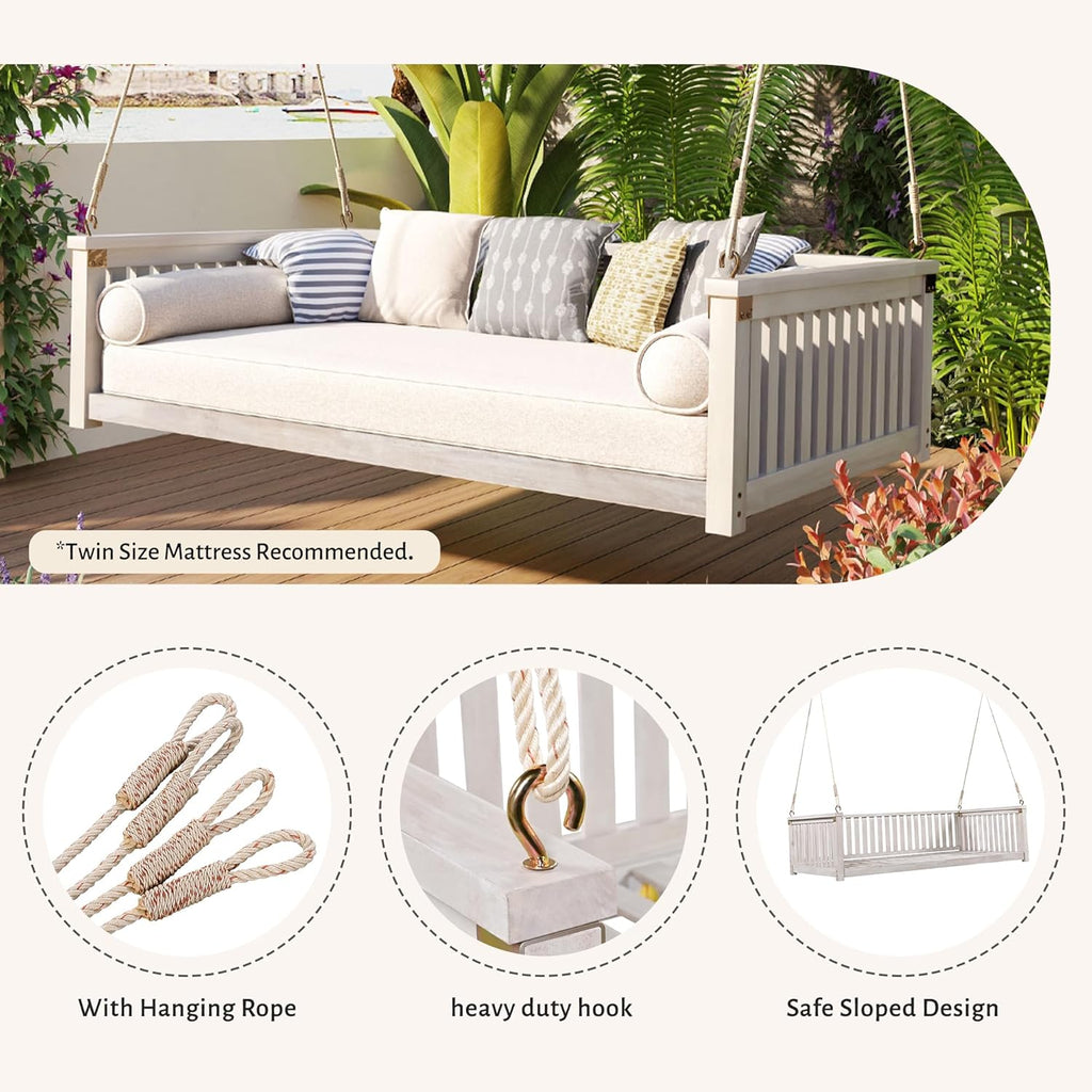 Twin Size Acacia Wood Porch Swing Bed with 4 Heavy Duty Ropes,Hanging Daybed Swing Bench for 2 People, 350 LBS