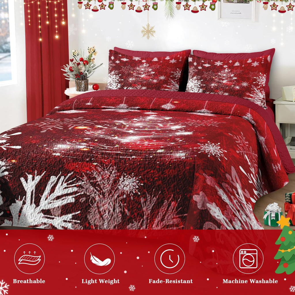 King Christmas Quilt Set, 3 Piece Red Glitter Bedding, Bedspreads