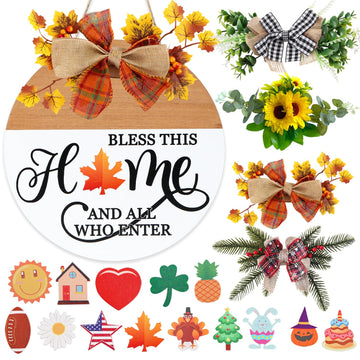 Interchangeable Welcome Sign for Front Door with 4 Seasonal Wreath and 14 Changeable Icons, Bless This Home for