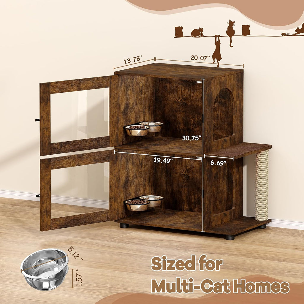 Double Dog Proof Cat Feeding Station, Wood Dog Proof Cat Feeder, Walnut