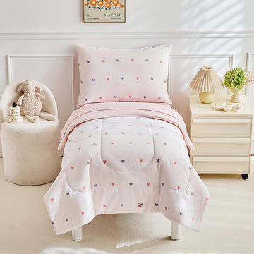 4 Pieces Toddler Bedding Set,Pink Heart Toddler Comforter Sets for Girls,Soft Crib Bed Sheets Set Includes Quilted