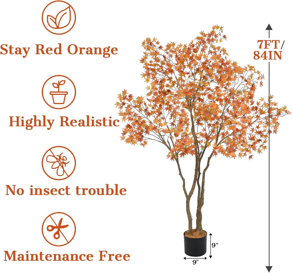 Maple Tree 7FT - Large Faux Plant Indoor with 1104 Orange Red Leaves & Realistic Trunk, 84" Tall Fake Autumn Maple