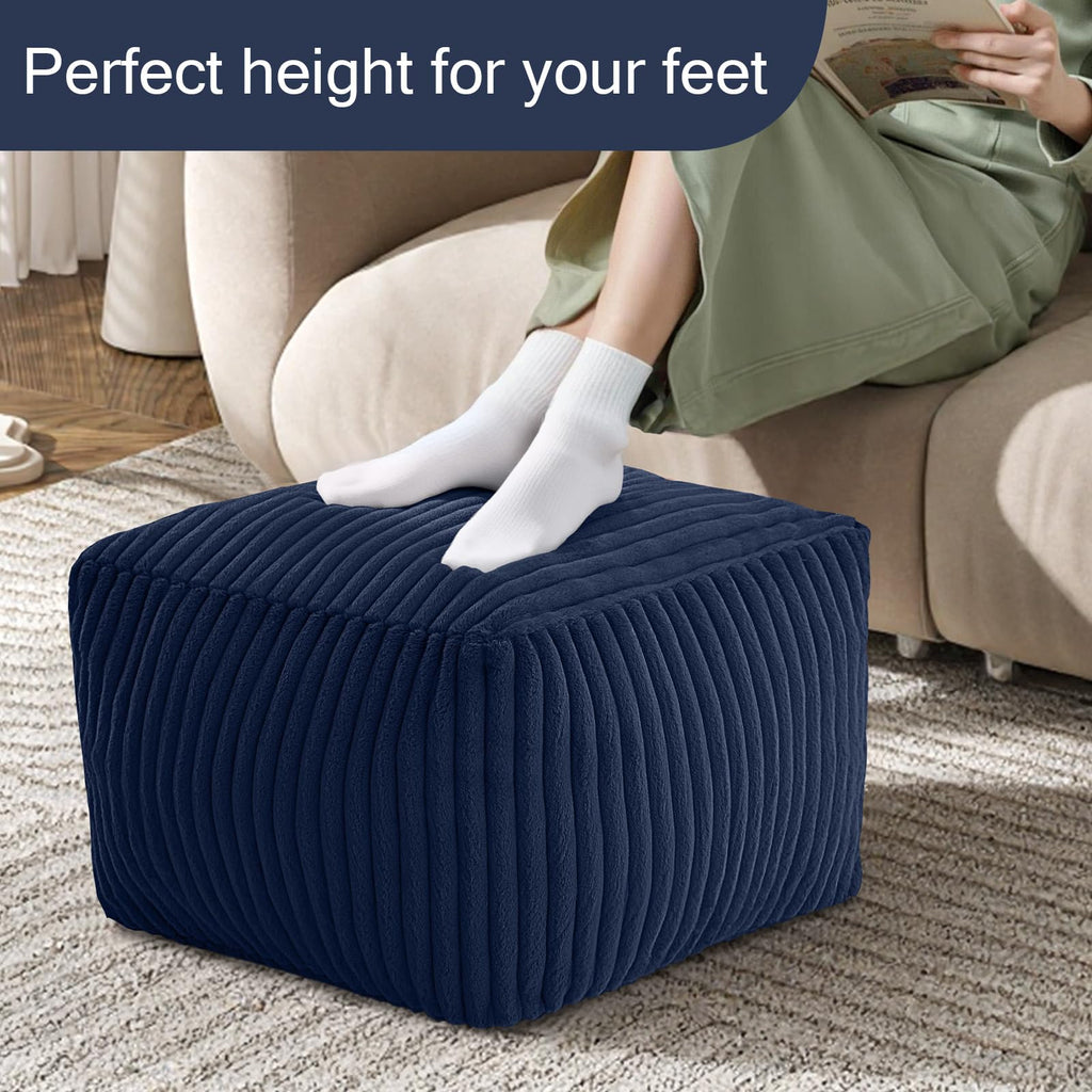Square Pouf Ottoman Foot Rest, 15 Inch Faux Fur Pouf, Navy
