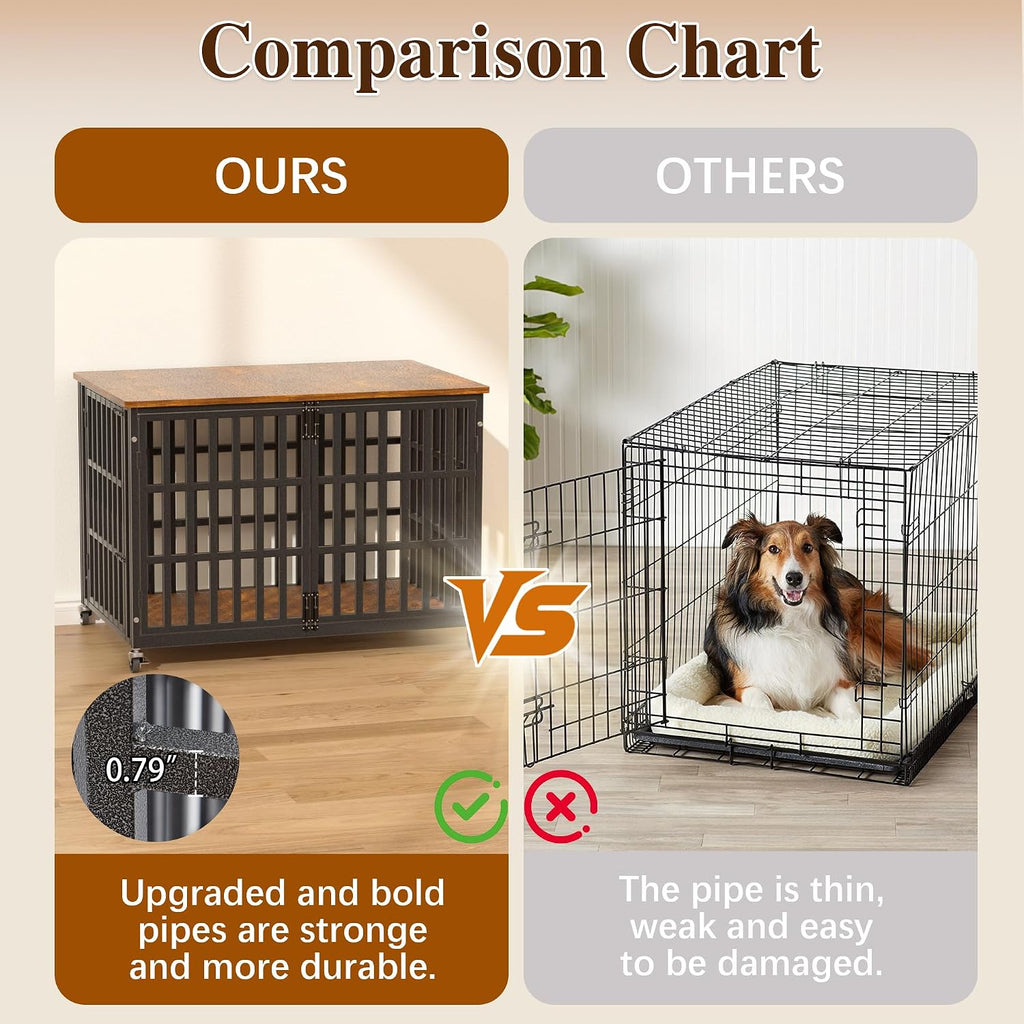48 Inch Dog Crate Furniture, Heavy Duty Wooden Dog Kennel for Large Dogs, Chew Proof & Escape-Proof Indoor Dog Cage