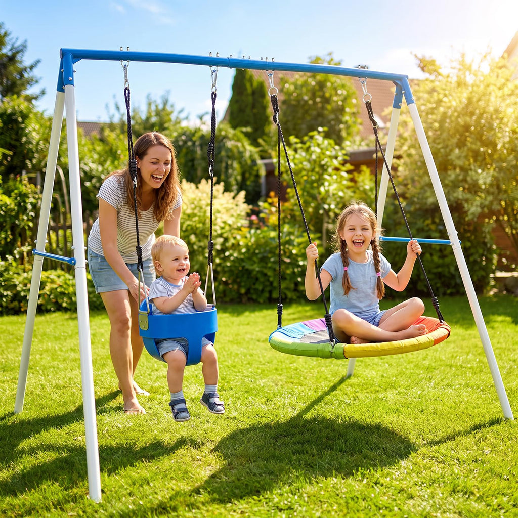 Swing Sets for Backyard, 440lbs A-Frame with Saucer & Toddler Swing
