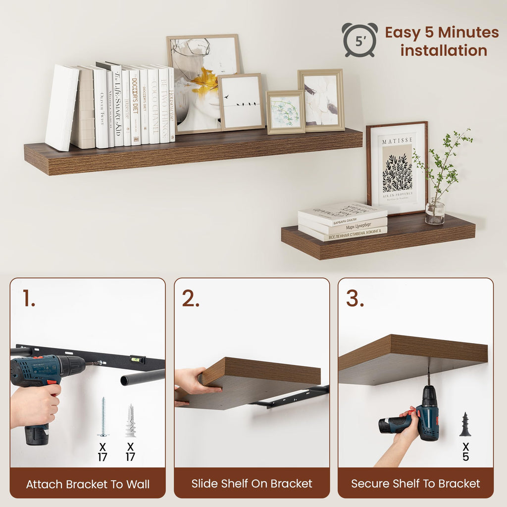 Walnut Floating Shelves for Wall 12 Inch Deep, 36" X 12" X 2" Floating Shelf, 2 Inch Thick Shelf Bathroom Bedroom