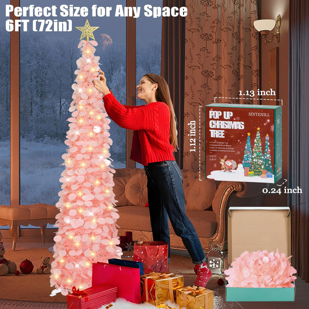 6 FT Pop Up Christmas Tree with 100 LED Timer Lights & Remote, Pink Collapsible Christmas Tinsel Tree Artificial