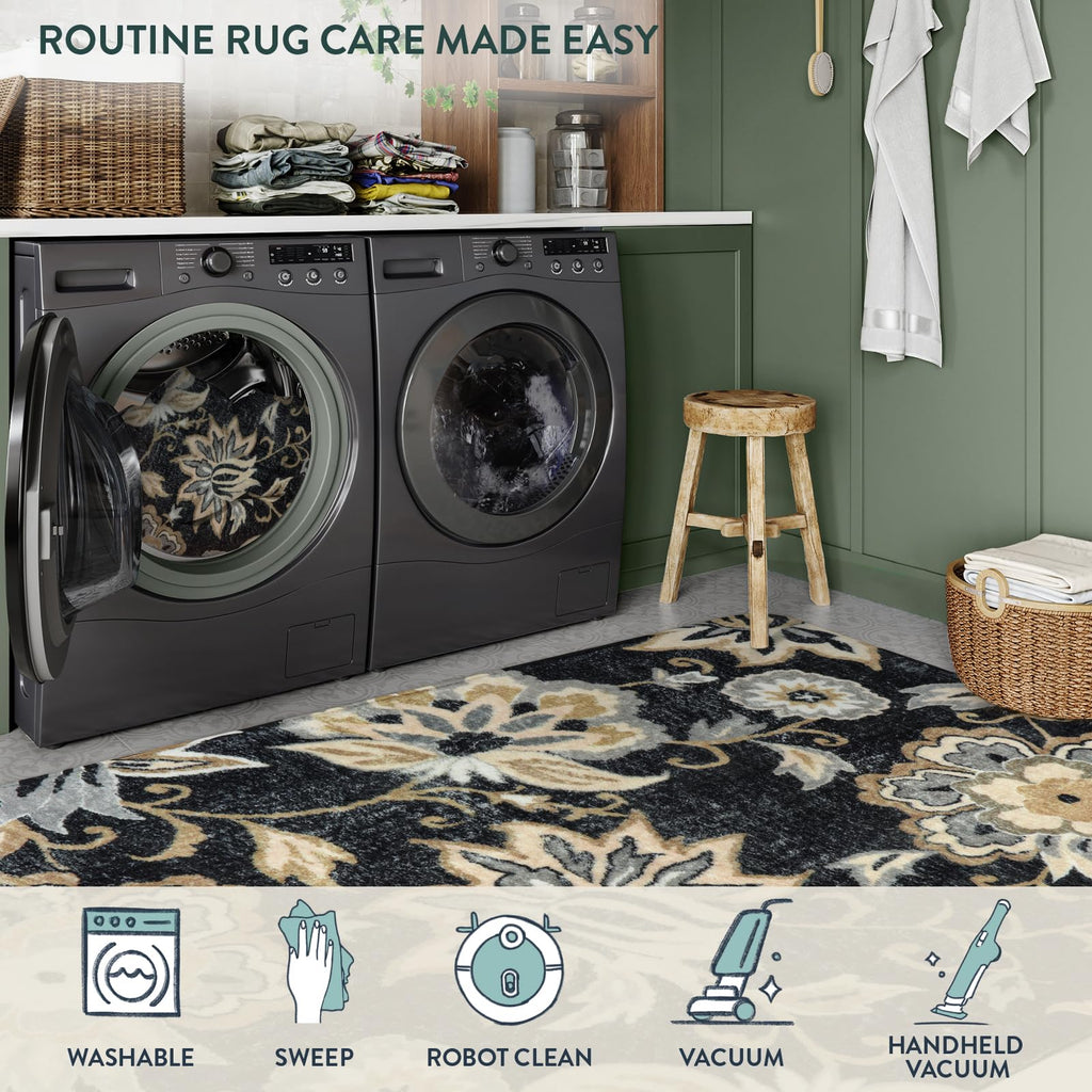 Floral Washable Rug Runner - Black Entryway Kitchen Runner Rug Non-Slip Ultra-Thin Stain Resistant, Paisley Print