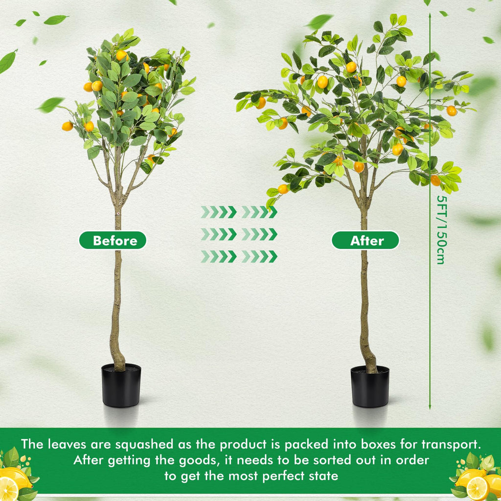 2 Pack Artificial Lemon Tree 5 ft Tall Fake Plant Pre Potted Faux Lemon Tree Realistic Fruits for Indoor Home Decor