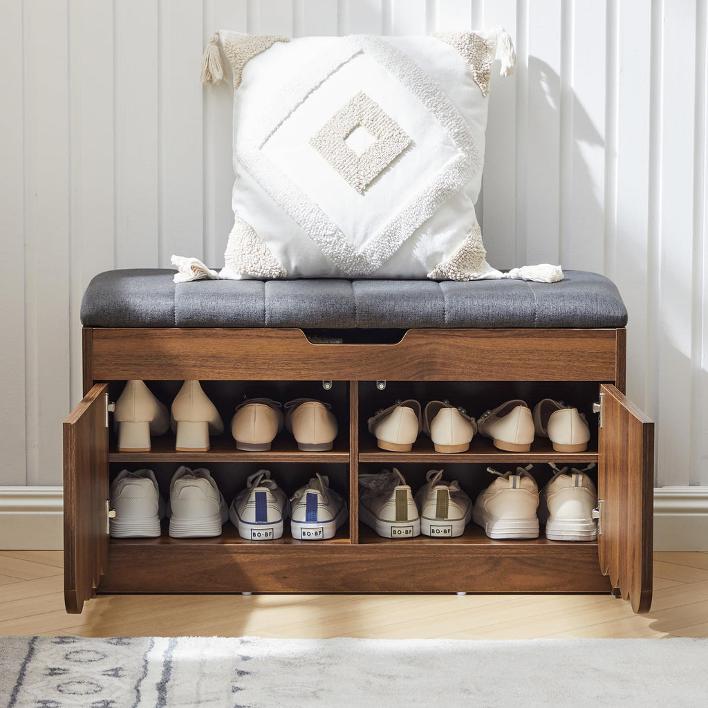 Shoe Storage Bench with Cushion, Entryway Shoe Cabinet Bench with 2 Scalloped Doors & Adjustable Shelf, 2-Tier Shoe