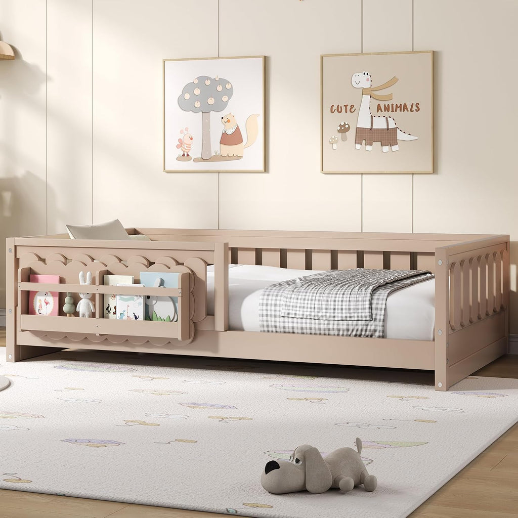 Floor Bed Frame for Kids with Fence and Bookshelves, Natural