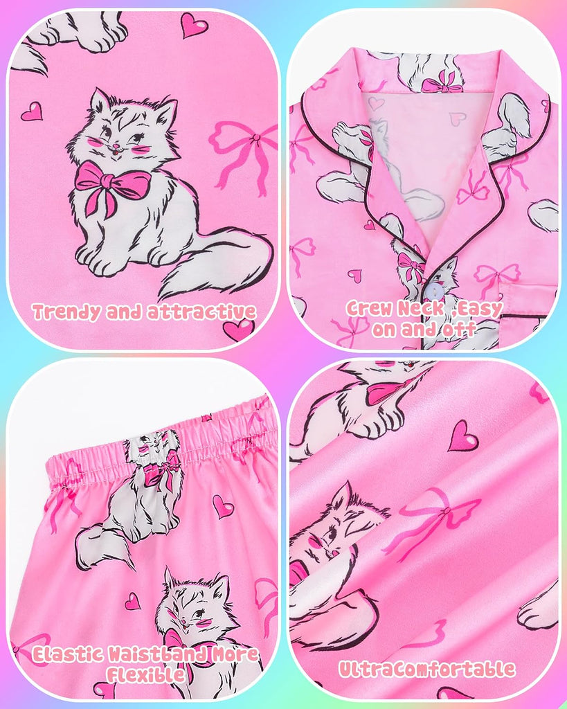 Girls Satin Pajamas Silk PJS Set Rainbow Unicorn Sleepwear Short Sleeve Long Pants Jammies for Toddler Kids