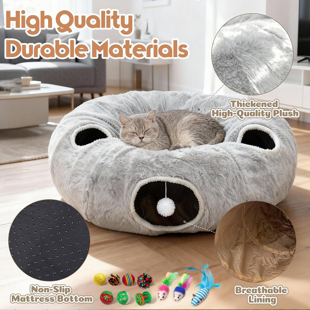 4-Holes Cat Tunnels for Indoor Cats, Plush Donut Cat Bed Tunnel Grey