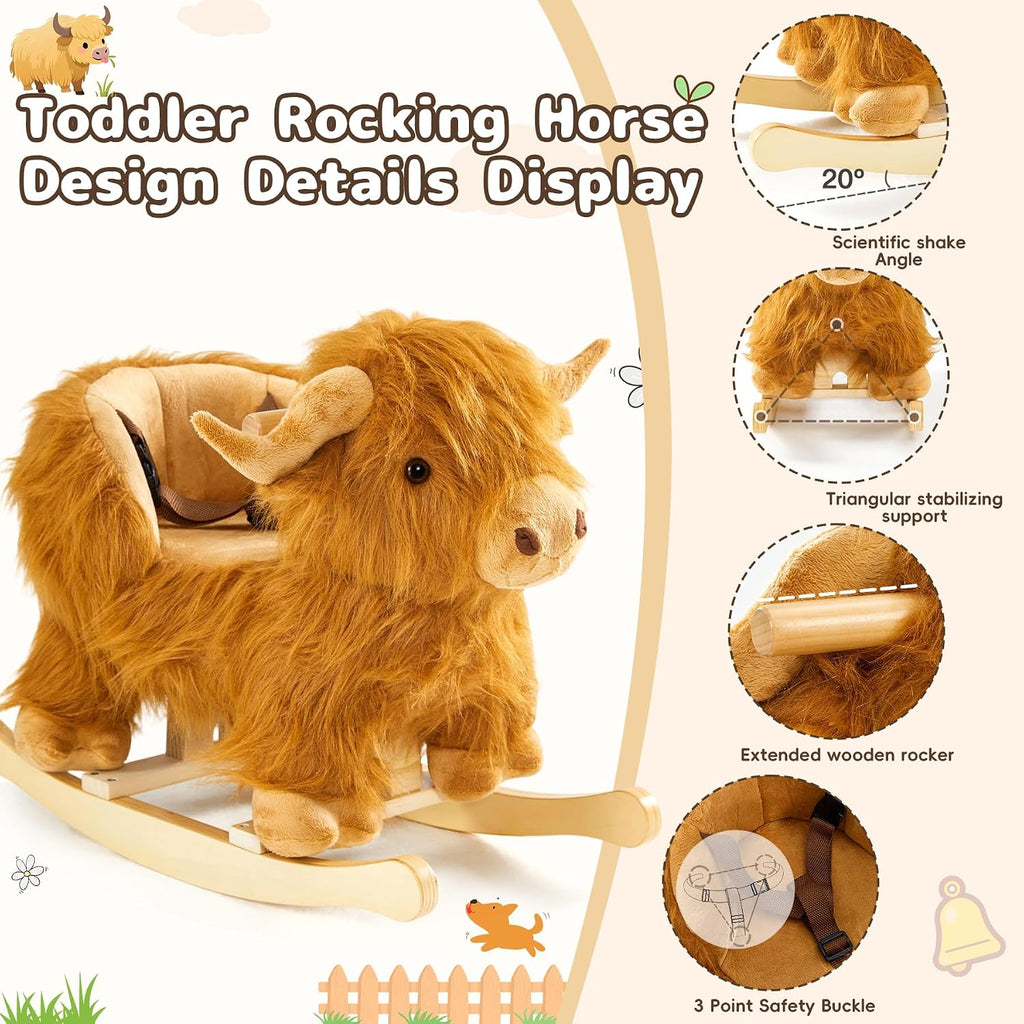 Baby Rocking Horse,Highlander Cattle Wooden Rocking Horse for Toddlers 1 Year Old Cute Cow Stuffed Plush Ride-on Toy