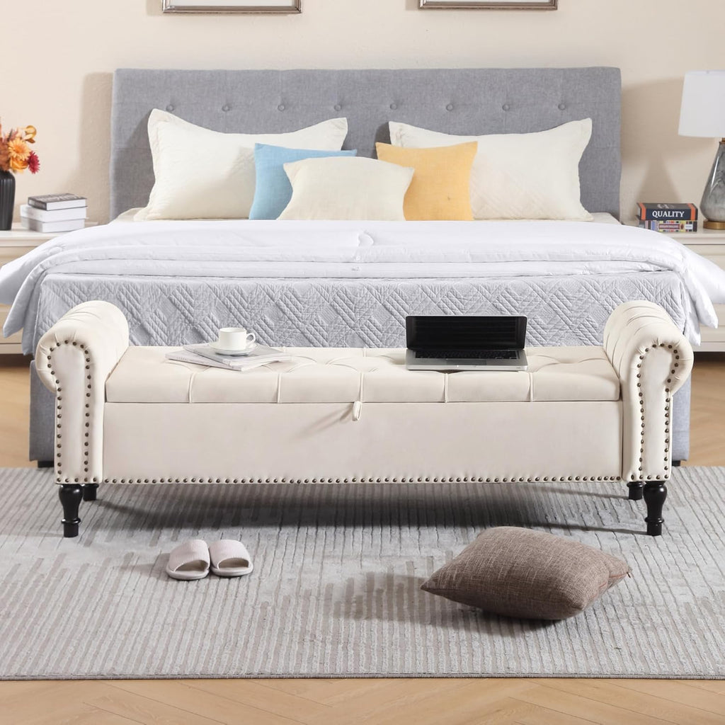 Storage Bed Bench , Velvet 67" End of Bed Benches, King Size Bench with Armrest, Tufted Button Upholstered Ottoman