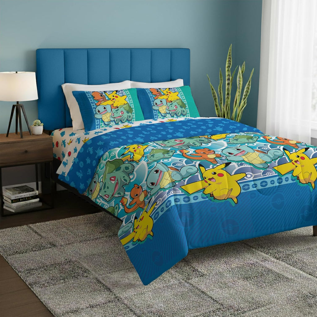Full Bed in a Bag Set, Pikachu Charmander Squirtle Bulbasaur, Kids Boys Girls Bedding Comforter Sheets