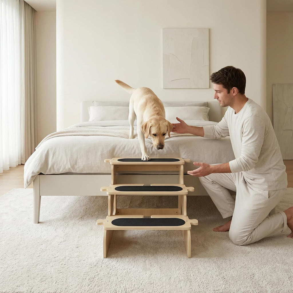 Wood Dog Stairs for Bed, NaturalWood Pattern, L 80lb