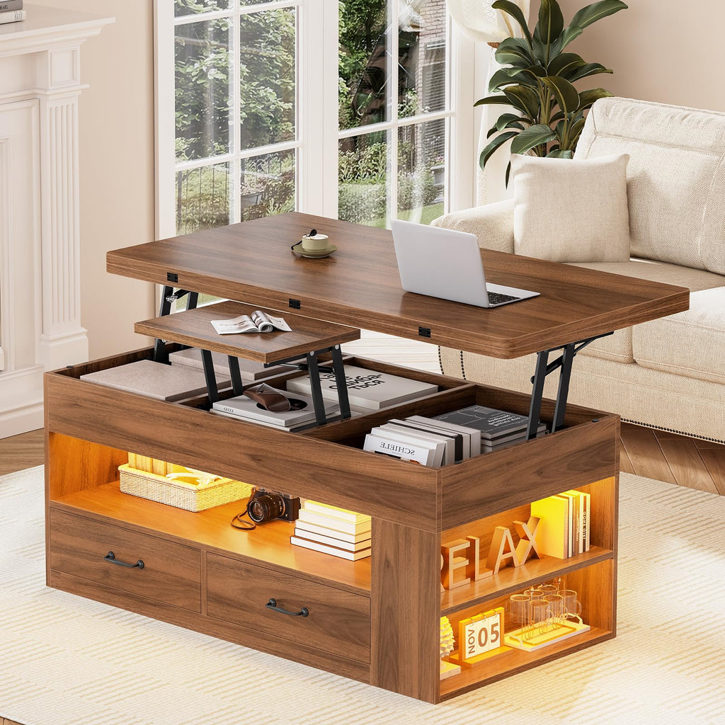 Lift Top Coffee Table, 4 in 1 Coffee Tables with Storage and Hidden Compartment, Farmhouse Coffee Table with 2 Fabric