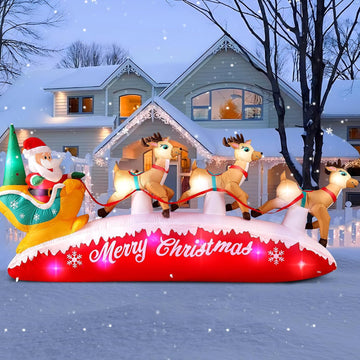 Christmas Inflatables 10 FT Long Santa Sleigh and Reindeer Decor