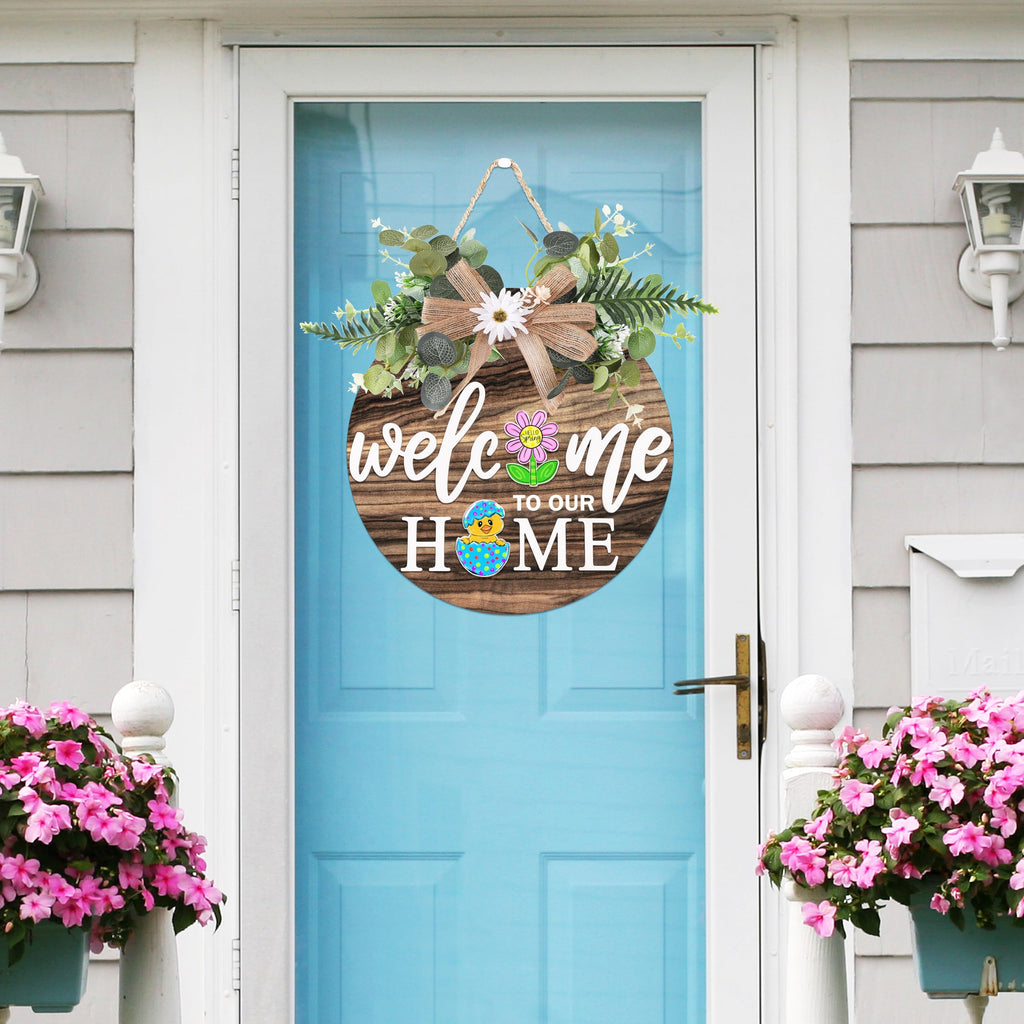Interchangeable Welcome Sign for Front Door with 4 Seasonal Wreaths 21 Changeable Icons, Farmhouse Rustic Outdoor