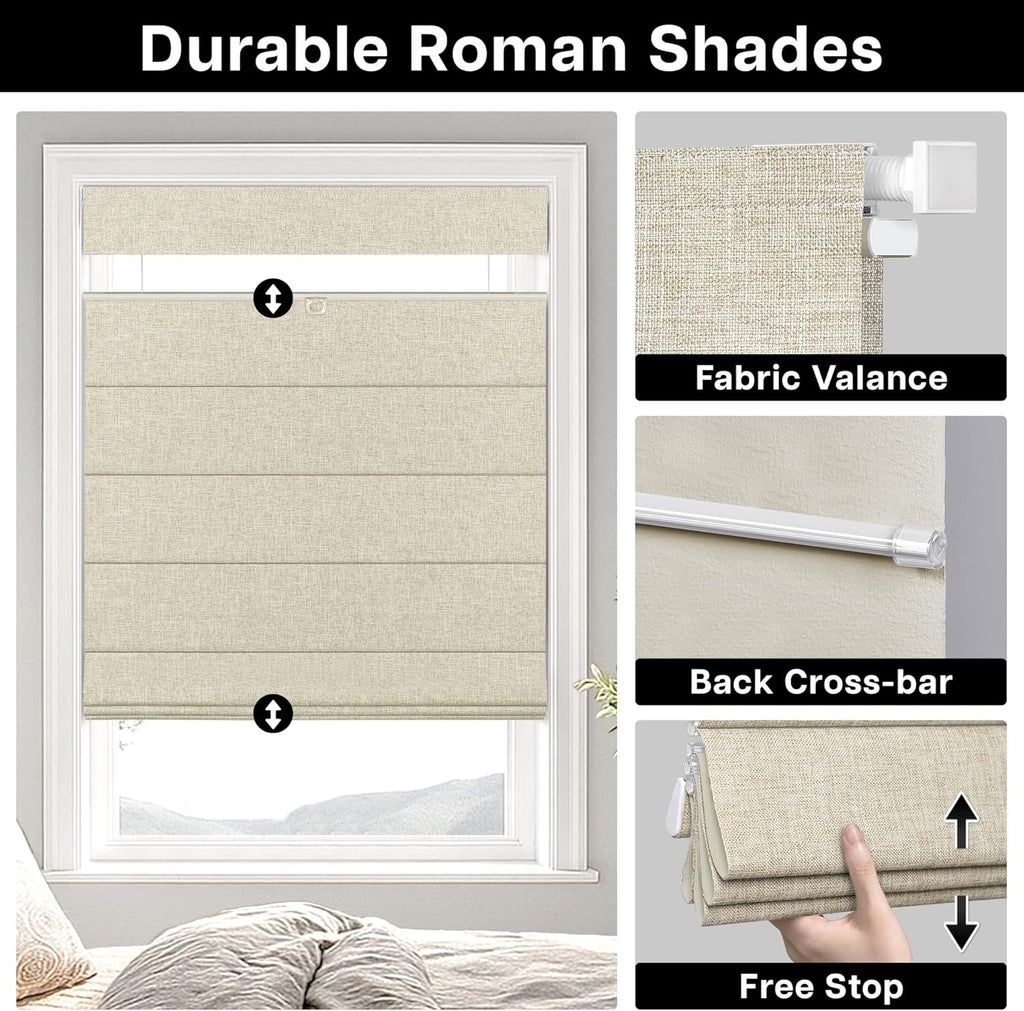 No Drill TDBU Roman Shades, Blackout - Beige, 20" W x 64" H | No Tools Top Down Bottom Up Cordless Fabric Blinds for Window, Thermal Insulated UV Blocking for Bedroom & Living Room