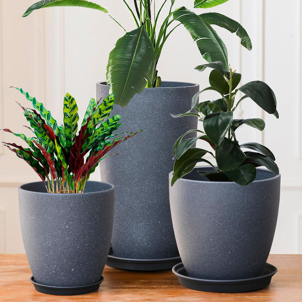 Garden Decorative Planters Tall Round Flower Pots with Drainage Hole & Saucer Cement Grey Surface Painting Robust &