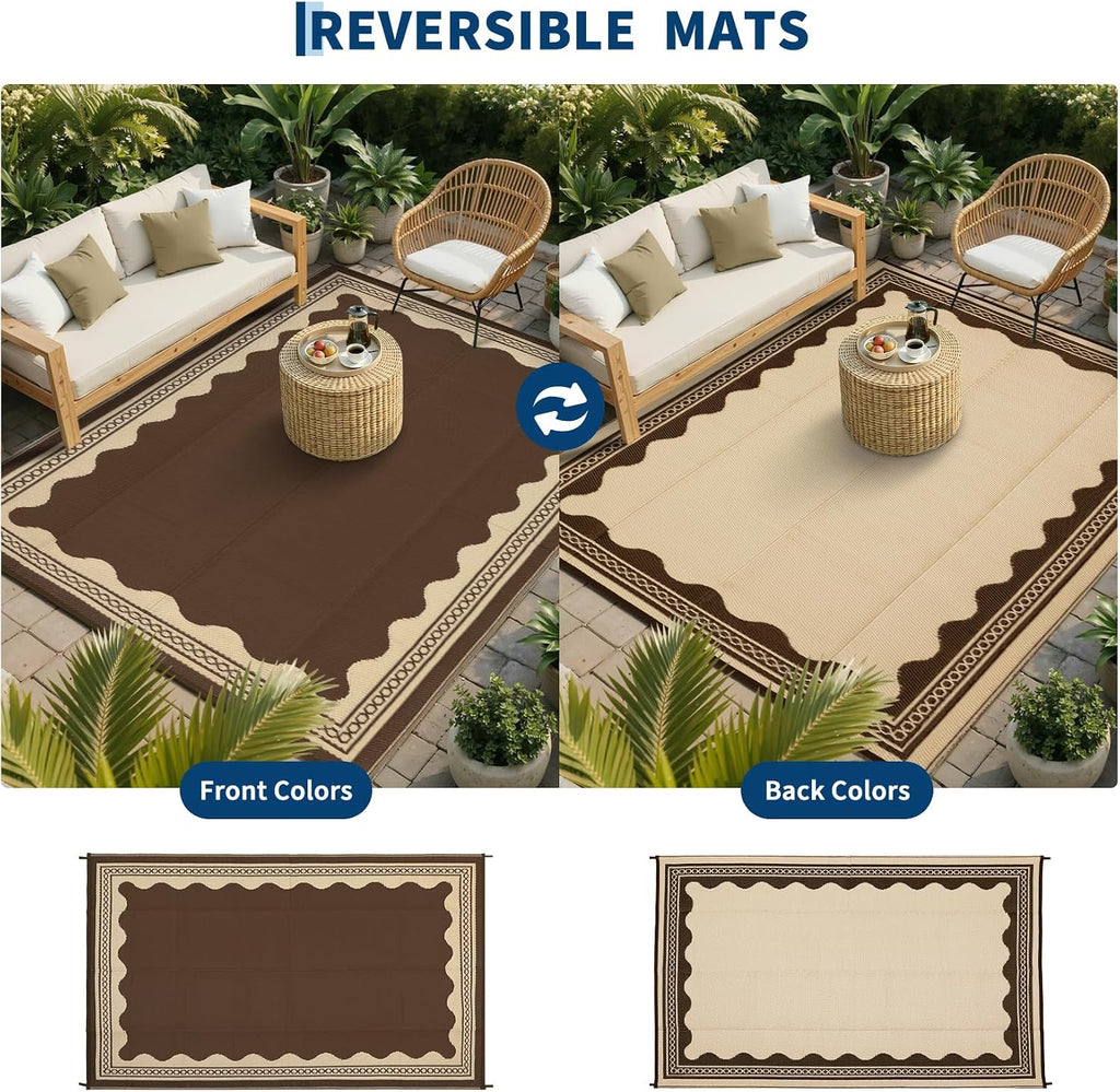 Outdoor Rug Scalloped Waterproof Patio RV Outdoor Rugs Reversible Foldable Plastic Straw Rug Modern Camping
