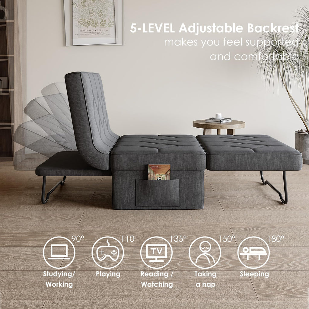 Ottoman Bed Sleeper, 34" Convertible Sleeper Chair Bed, Dark Grey