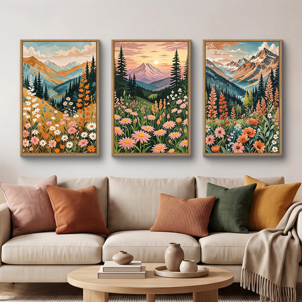 Mountain Sunset Floral Framed Canvas Wall Art Set, Colorful Wildflower Daisy Flower Wall Decor, Boho Blossom Botanical