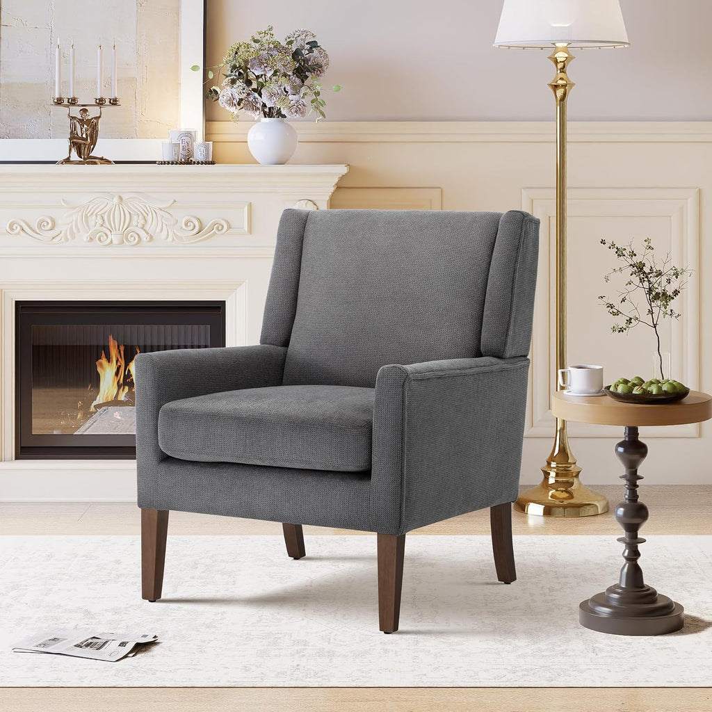 Living Room Chair, Wingback Mid-Century Accent Chair - Comfy Single Sofa with Solid Wood Legs & Velvet-Like Fabric