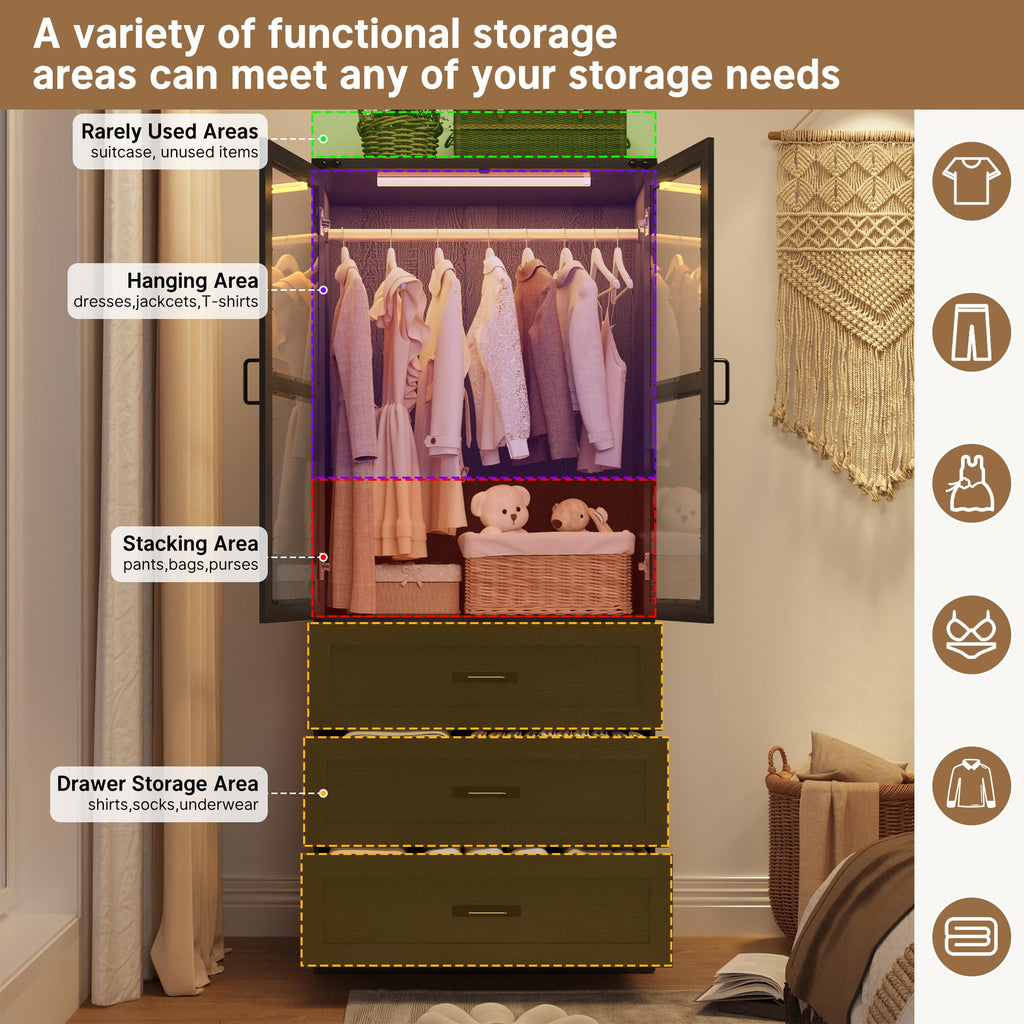 75" Tall Farmhouse 2 Doors Armoire Wardrobe Closet with 3 Drawers and LED, Freestanding Closet Wardrobe Cabinet with
